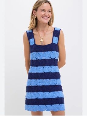 Tuckernuck Cornflower Crochet Striped Crochet Mini Dress in Navy and Sky Blue XS
